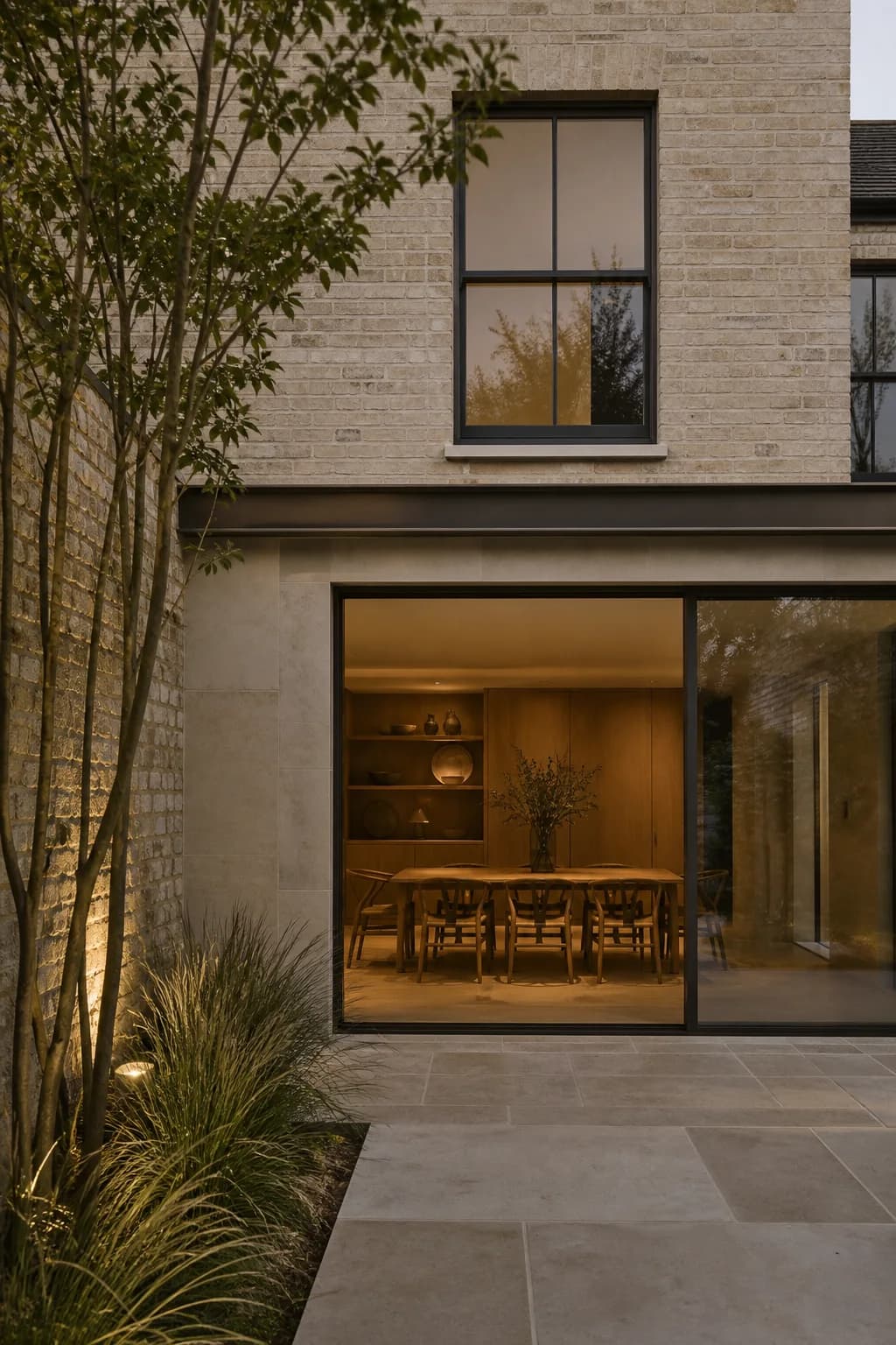 Illustrative architectural concept of a stone-fronted home and garden courtyard; not a Canko project