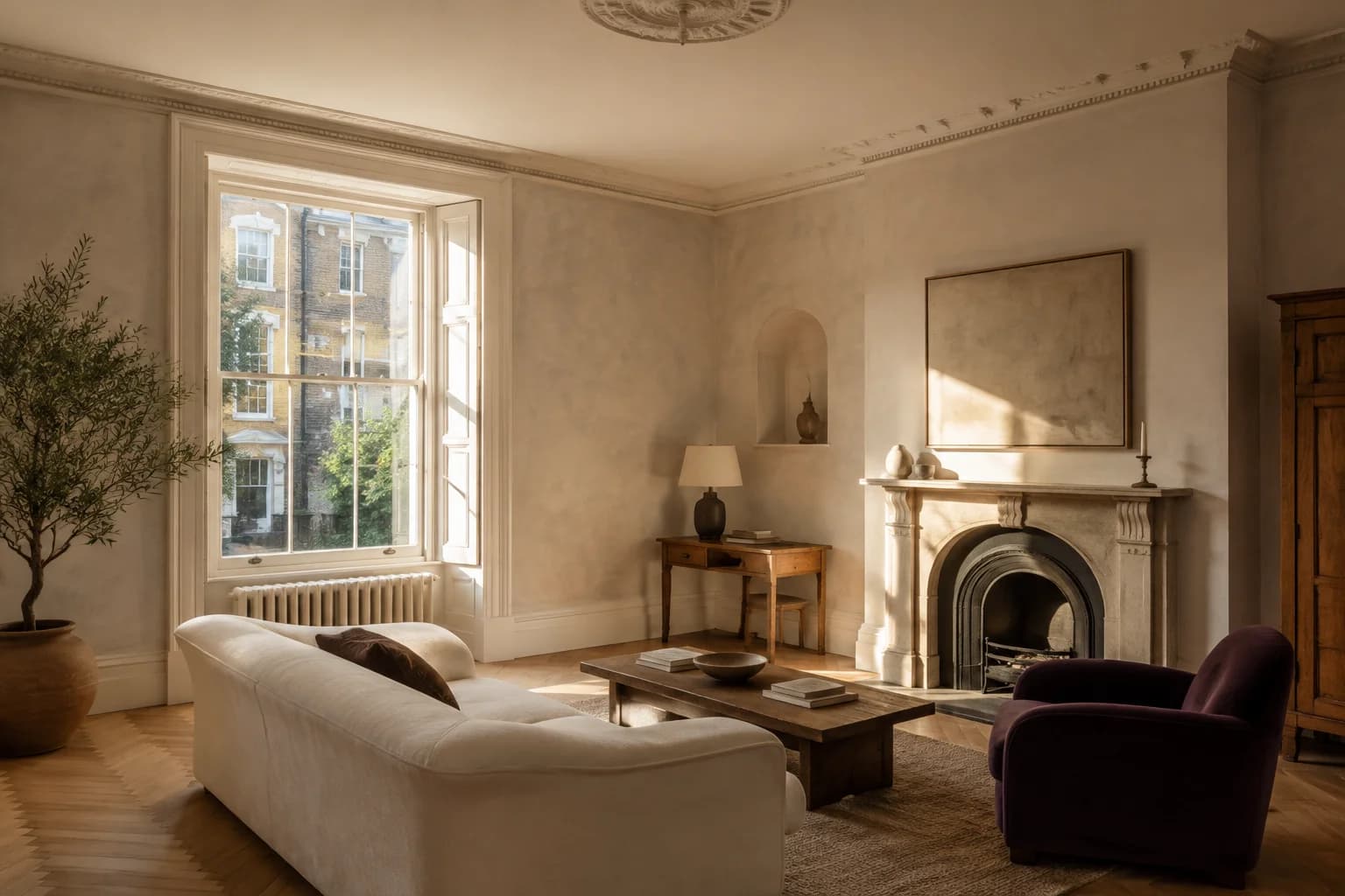 Illustrative renovation interior with restored period detailing and warm natural materials