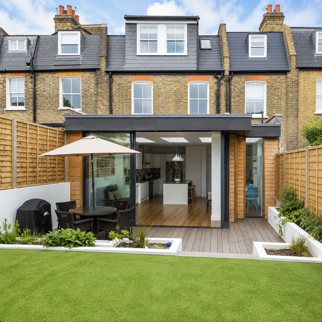 A rear extension seen from the garden, glazed doors onto a terrace