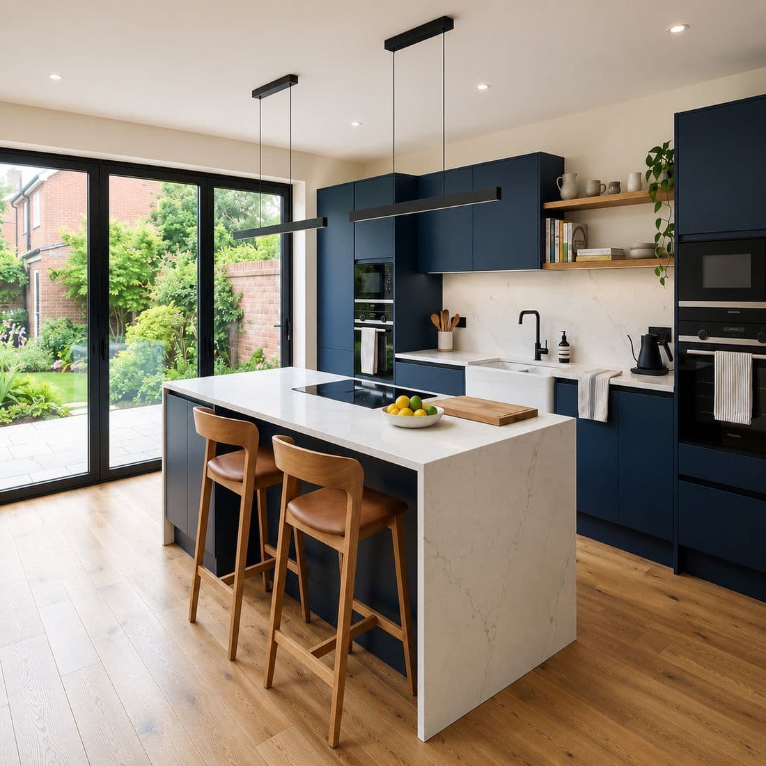 A fitted kitchen with navy cabinetry and a stone worktop