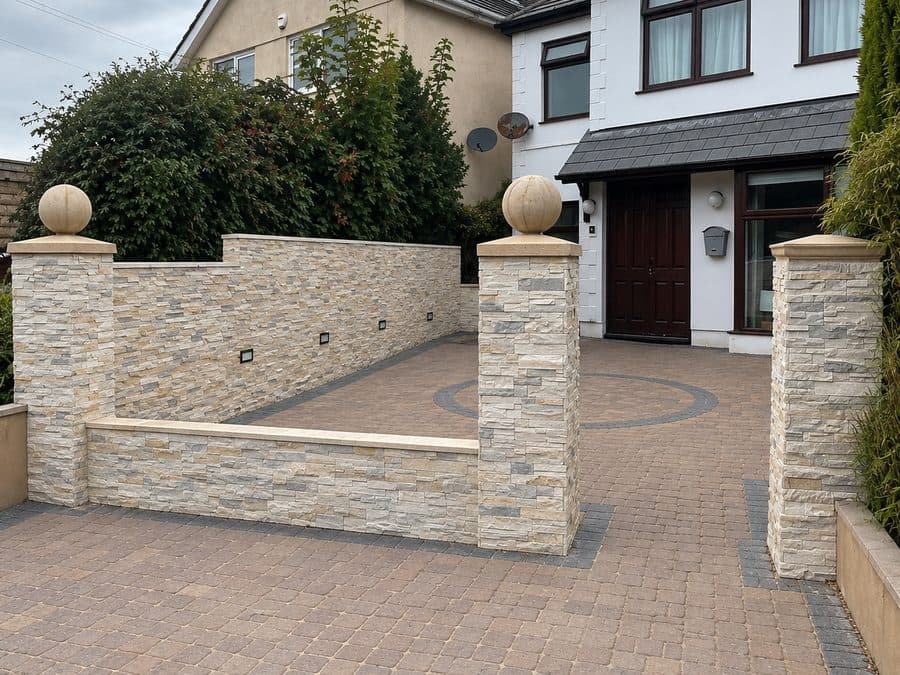 Luke Smith’s block-paved frontage with stone-clad boundary walls and capped entrance pillars
