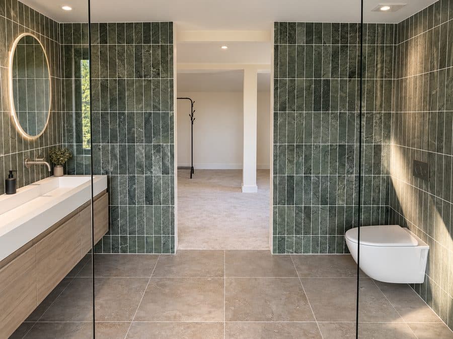 Luke Smith’s bathroom with full-height green tiles, a wall-hung vanity and a round backlit mirror